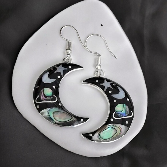 Jewelry - Retro Universe Starry Sky Crescent Hook Earrings Zinc Alloy Silver Plated Trendy